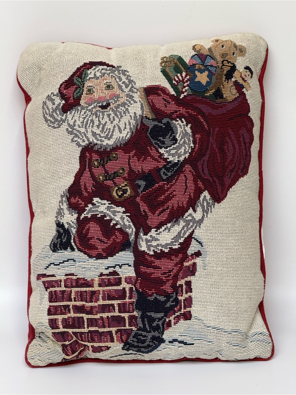 Santa Claus Tapestry Christmas Pillow Red Woven Holiday 11x14”